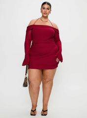 Taylon Off Shoulder Long Sleeve Mini Dress Red Curve